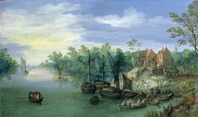 Rivercraft near a Jetty by Jan the Elder Brueghel