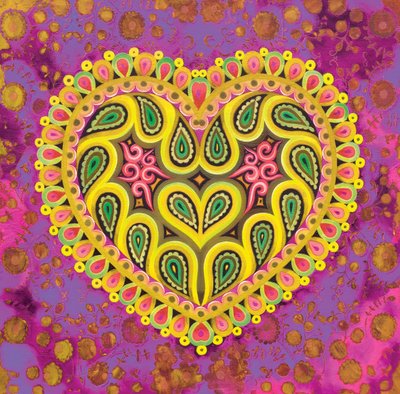 Valentines folk heart on pink, 2016 by Jane Tattersfield