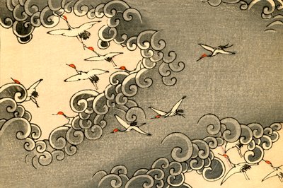 Cranes Flying in Grey Clouds by Japanese School