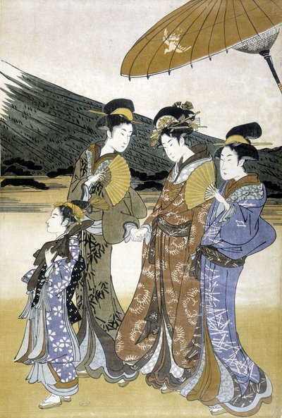 Three Women and Children, Japanese Print by Japanese School