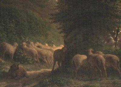 Sheep grazing along a hedgerow by Jean Francois Millet