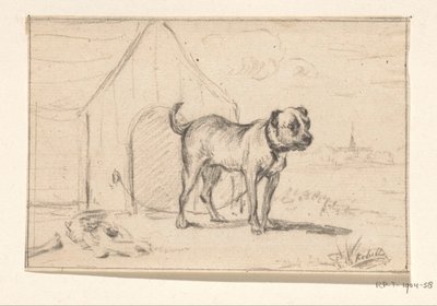 Leashed Dog, Standing in Front of Its Kennel by Jean Bernard