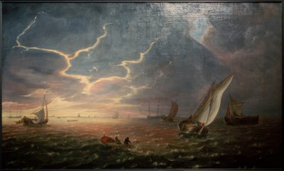 Sailing Ships in Rough Sea at Sunset by Jeronimus van Diest