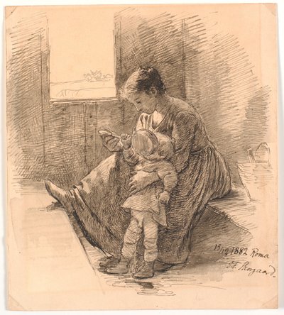 Woman and Child in a Railway Compartment by Joakim Frederik Skovgaard