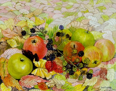 Apples and Blackberries on Autumn Leaves by Joan Thewsey