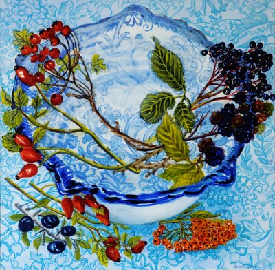 Blue Antique Bowl with Berries by Joan Thewsey