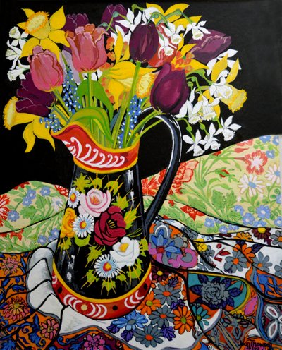 Canal Boat Jug, Daffodils and Tulips by Joan Thewsey