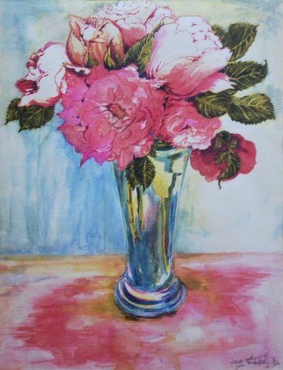 Pink Roses in a Blue Glass by Joan Thewsey