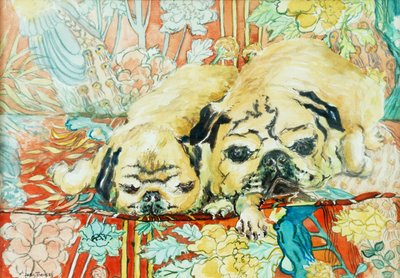 Pugs on a Chinese Print Sofa by Joan Thewsey