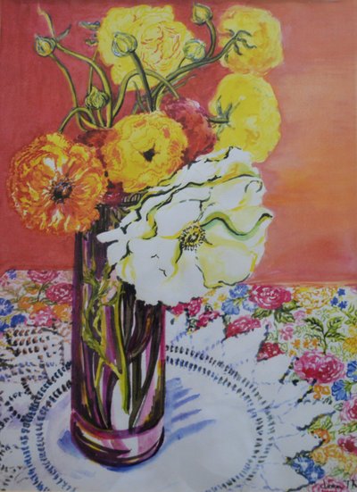 Ranunculus on a Lace Cloth by Joan Thewsey