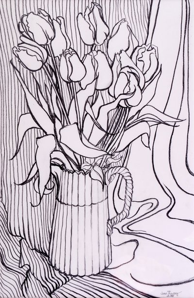 Tulips Against a Striped Cloth by Joan Thewsey