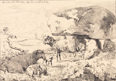 Sheep by a burial mound by Johan Thomas Lundbye