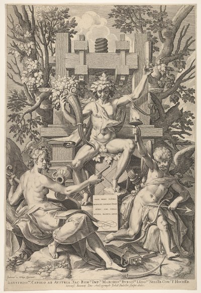 Bacchus, Music, Amor by Johann Sadeler I