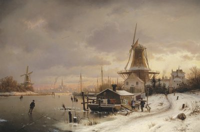 House Boat on a Frozen River by Johannes Bartolomaus Duntze
