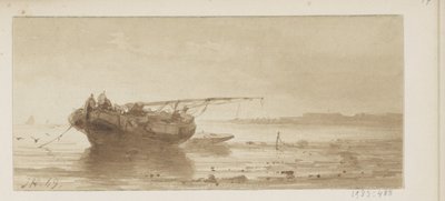 Ship with Lowered Sail on a River by Johannes Hilverdink