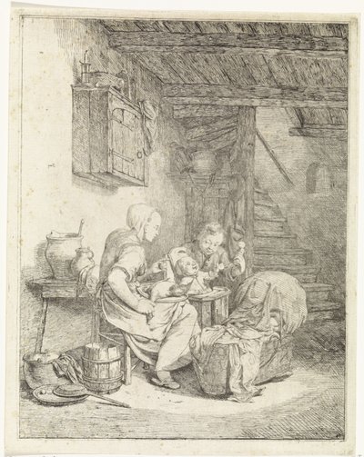 Woman and Two Children in Interior by Johannes Huibert Prins