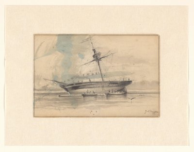 Sailing Ship with Two Rowboats by Johannes Huygens (signed by artist)