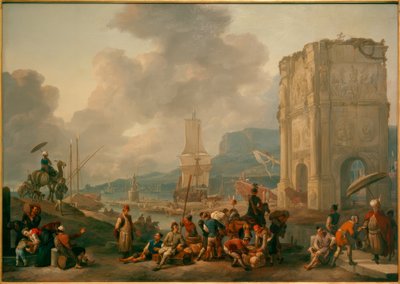 Capriccio of an Italian Harbor with Arch of Constantine by Johannes Lingelbach