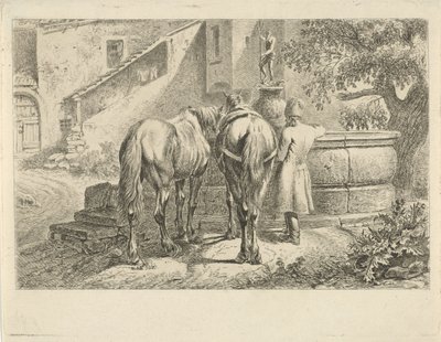 Drinking Horses at a Fountain by Johannes Mock