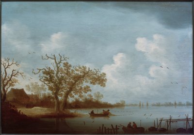 Dutch River Landscape with Farmhouses and Fishing Boats by Johannes Pietersz. Schoeff