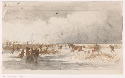 Skaters and Sleigh on the Ice by Johannes Tavenraat