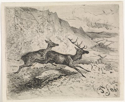 Two Running Deer by Johannes Tavenraat