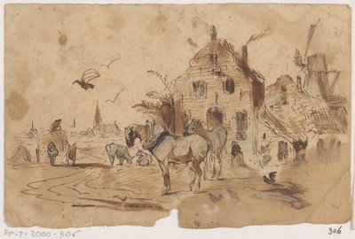 Unhitched Horses in Front of a House by Johannes Tavenraat