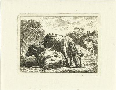 Two Cows Along Road by Farm by Johannes van Cuylenburgh