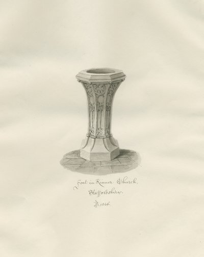 Font in Kinver Church: Sepia Drawing by John Buckler