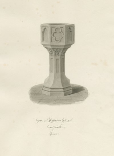 Font in Rolleston Church (sepia drawing), 1848 by John Buckler