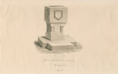 Font in Swynnerton Church by John Buckler