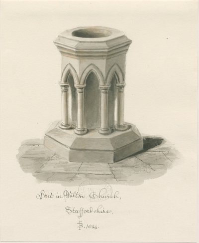 Font in Walton-on-the-Hill Church by John Buckler