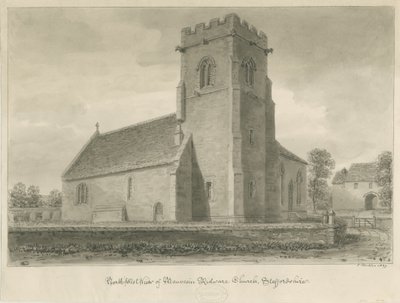 Mavesyn Ridware Church: sepia drawing, 1839 by John Buckler