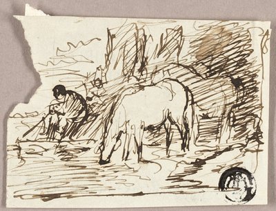 Sketch of Watering Horses and Fisherman by John Burnet