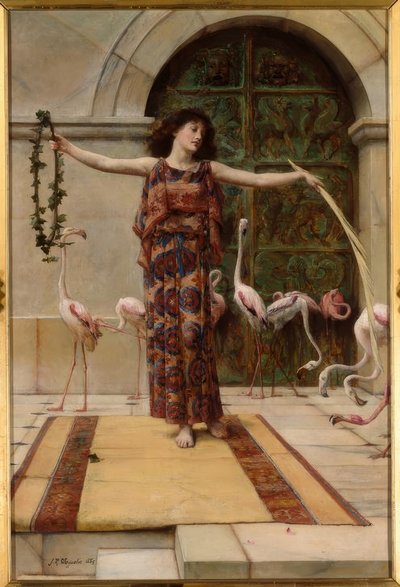 J.R. Waguelin, Woman with Pink Flamingos by John Reinhard Weguelin