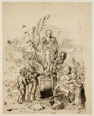 Children Playing near Statue in Garden by John Vanderbank