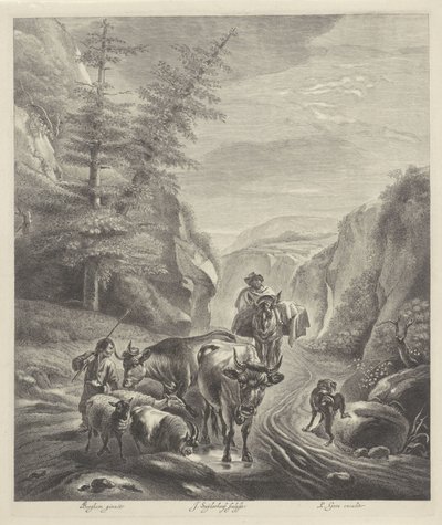 Shepherds with Cattle on a Mountain Path by Jonas Suyderhoef