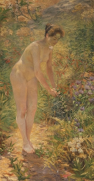 Standing Female Nude in the Garden. Around 1900 by Josef Engelhart