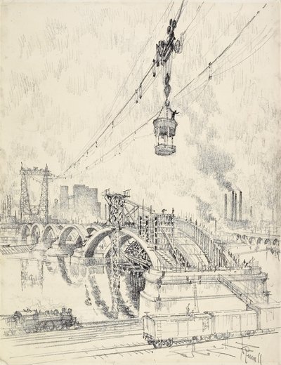 Building the Bridge, Minneapolis by Joseph Pennell