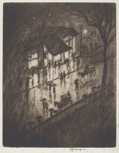 Rainy Night, Charing Cross Shops by Joseph Pennell