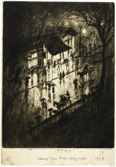 Rainy Night, Charing Cross Shops by Joseph Pennell