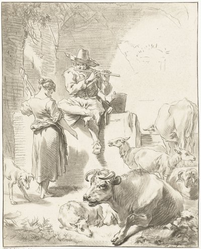 Shepherd Playing the Flute and Shepherdess Spinning by Jurriaan Cootwijck