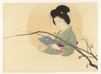 Woman Reading with Blooming Branch by Kajita Hanko