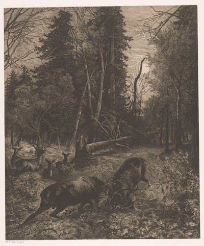 Forest Scene with Two Fighting Deer by Karl Bodmer
