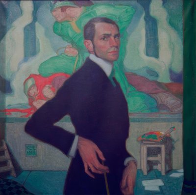 Self-Portrait against Nibelungen Cycle by Karl Schmoll von Eisenwerth