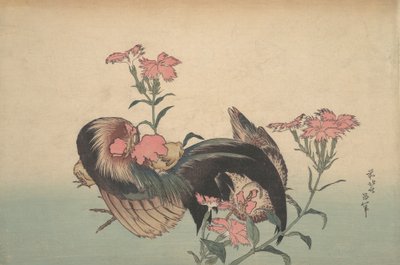 Cock, Hen, and Nadeshiko Dianthus Superbus by Katsushika Hokusai