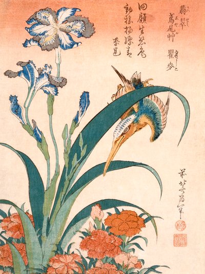 Kingfisher, Irises and Pinks by Katsushika Hokusai