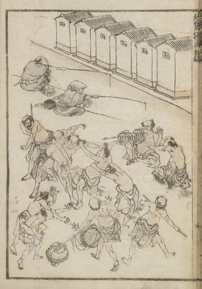 Men Wrestling and Fishing by Katsushika Hokusai