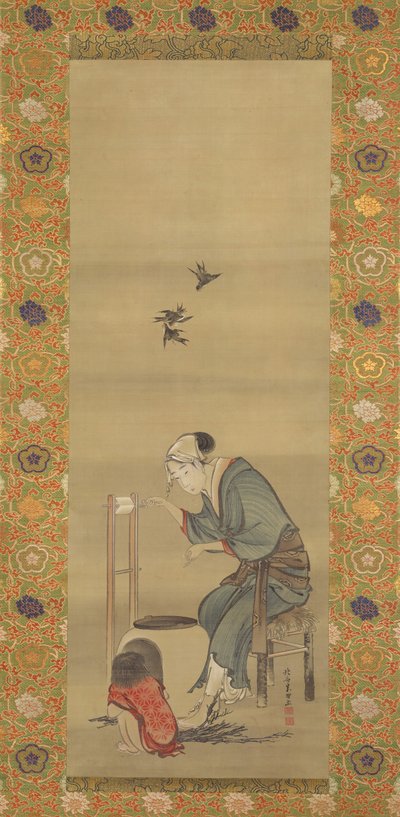 Woman Spinning Silk, dated 1790 by Katsushika Hokusai