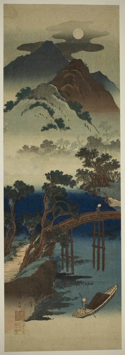 Full Moon Over Mountain Scenery by Keisai Eisen